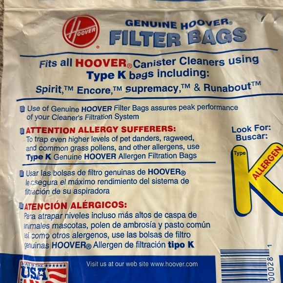 Hoover Type K Package 4010028K Fits all Hoover Canister Cleaners -3 Filter Bags - Picture 5 of 6